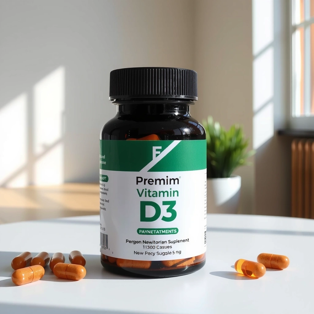 Premium Vitamin D3 supplement capsules in elegant bottle